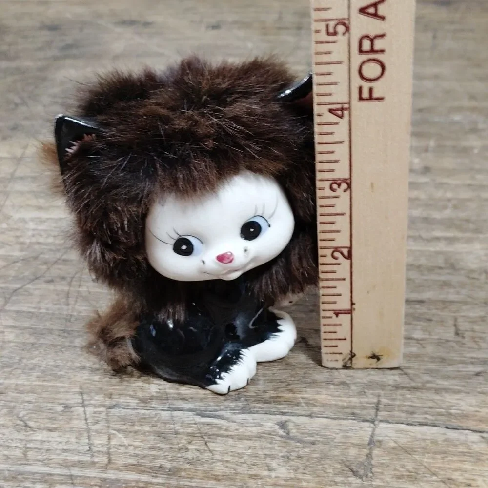 Vintage 50s Sweet Anthropomorphic Black Fuzzy Fur Cat Figurine Kitsch Japan